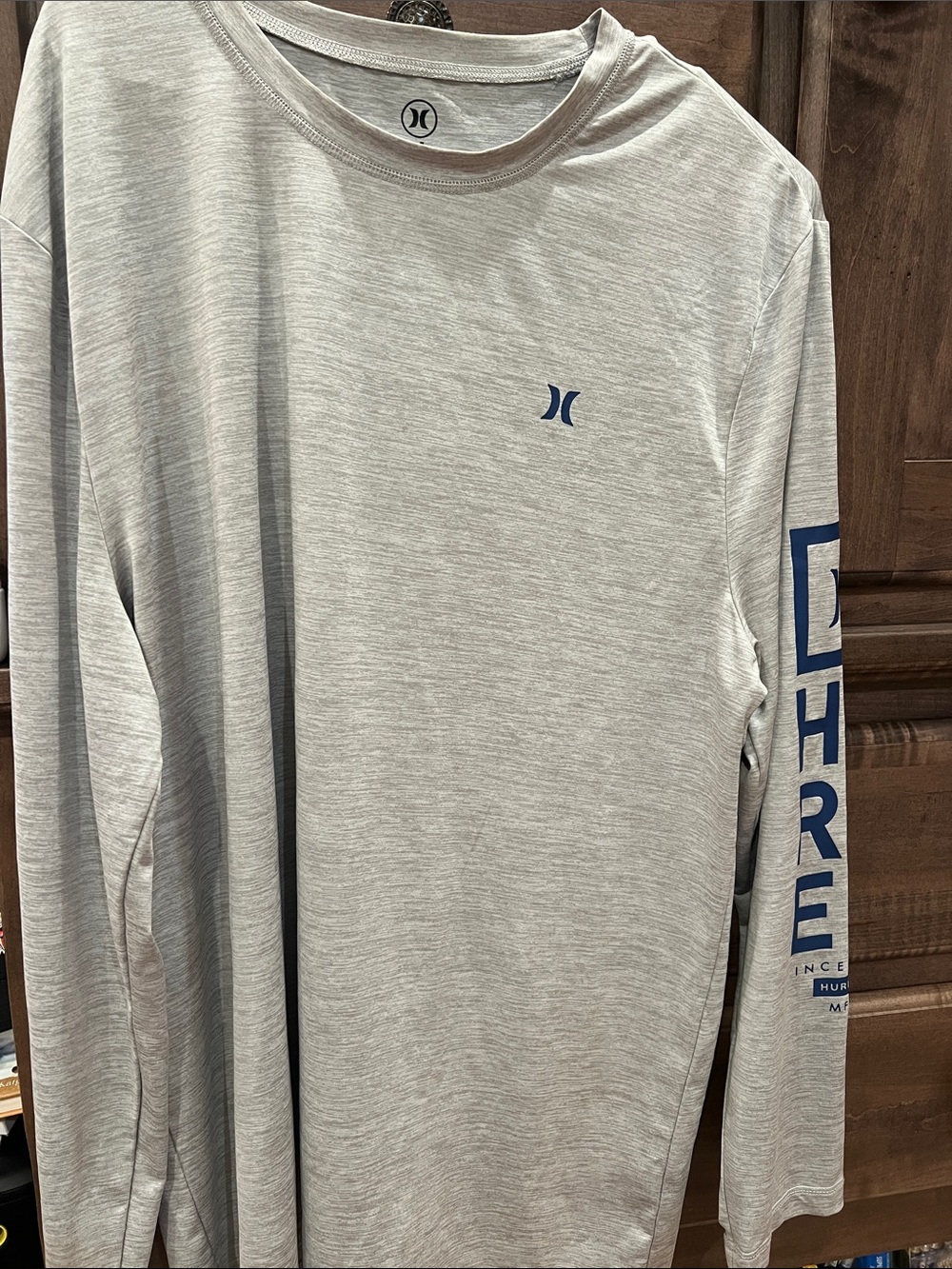 Hurley Light Gray Long-Sleeve Tee with Blue Logo and Sleeve Print